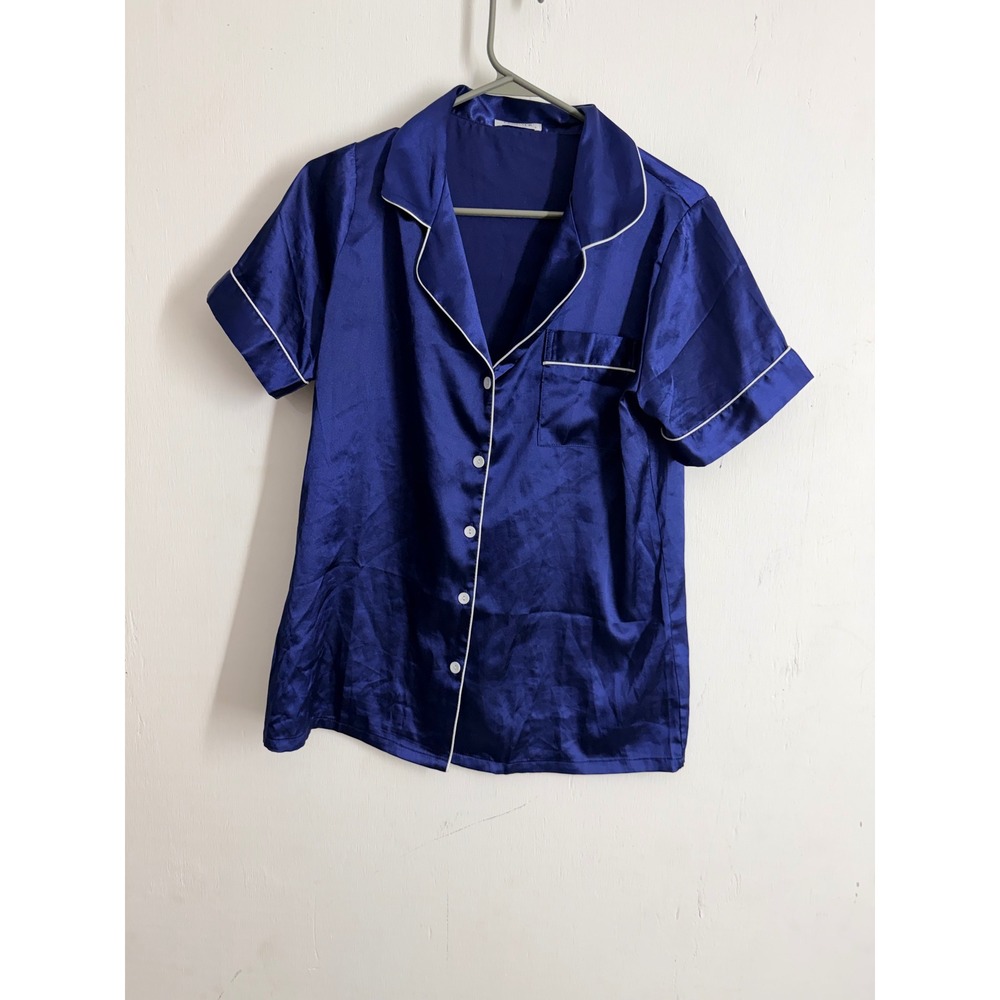 Ekouaer Royal Blue Satin Pajama Top Short Sleeve Button Down Sleep Shirt Small
